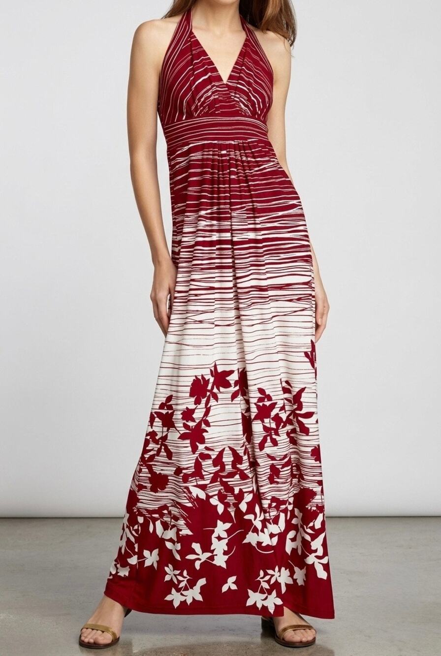 New BCBGMaxazria Women's Red White Floral Pleate Bodice Maxi Halter Dress Size L - Picture 1 of 12